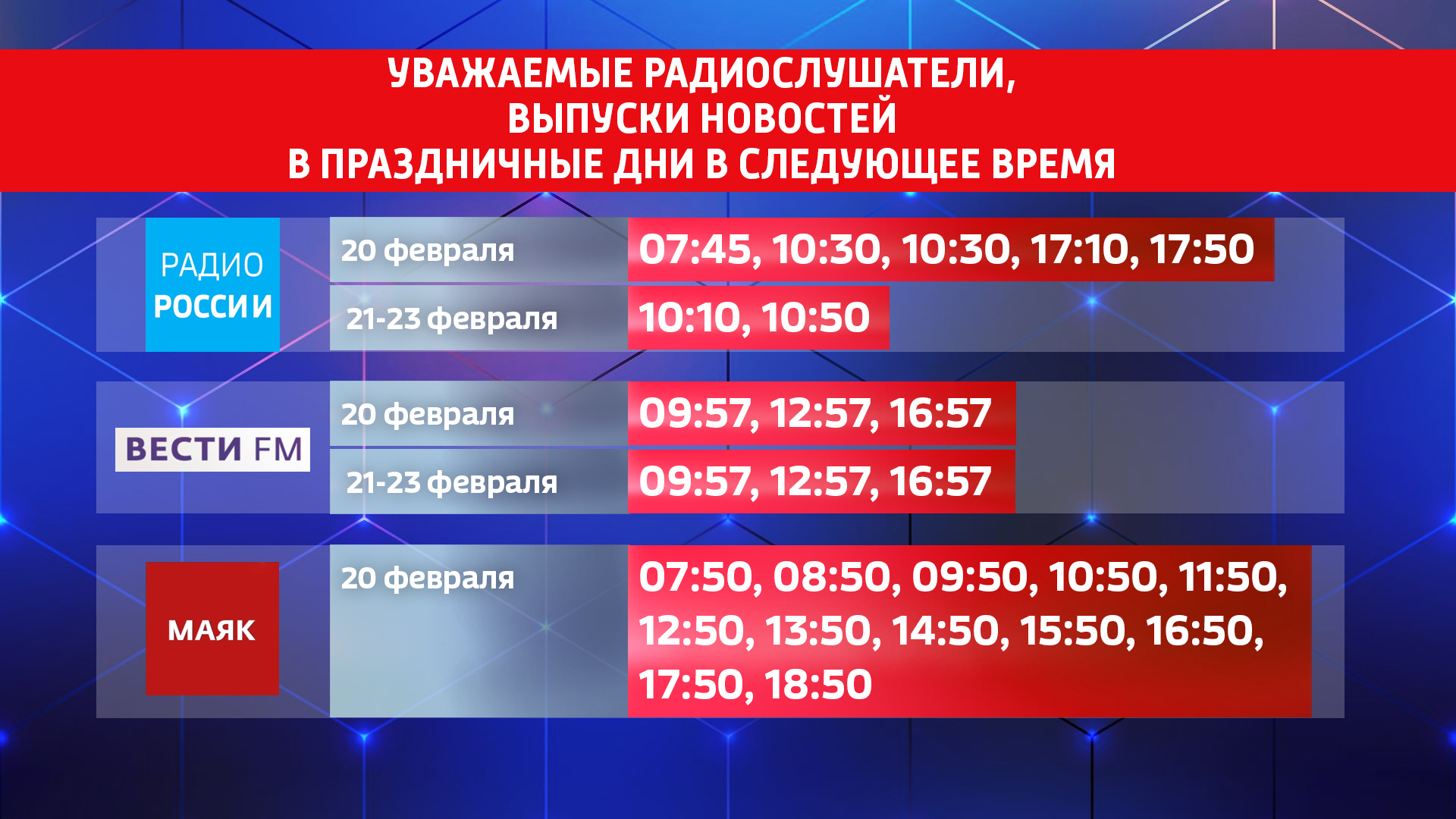 Время выхода новостей на радиостанциях «Радио России», «Маяк» и «Вести ФМ»  с 20 по 23 февраля — Вести-Калининград